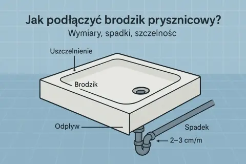 Ilustracja pokazuje podłączenie brodzika do odpływu. Widoczny jest brodzik, uszczelnienie, odpływ oraz spadek rury 2-3 cm/m.