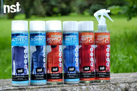 Gamme de produits NST pour l'entretien des vêtements techniques, y compris la lessive pour Gore-Tex.