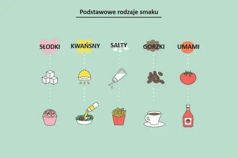 Podstawowe smaki: słodki (ciastko), kwaśny (sałatka), słony (frytki), gorzki (kawa), umami (pomidor, ketchup).