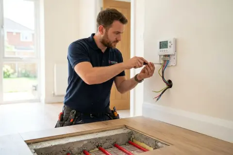 Un technicien installe un thermostat pour un plancher chauffant. Le joint de 2mm du carrelage est visible.