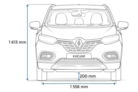 Renault Kadjar wymiary: wysokość 1613 mm, szerokość 1556 mm, prześwit 200 mm.