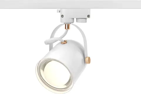 Nowoczesna lampa e27 na szynie, biała z miedzianymi detalami, idealna do podkreślenia każdego zakątka.