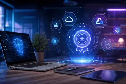Nowoczesne stanowiska w IT: laptop z tarczą ochronną, hologram z ikonami chmury, bezpieczeństwa i nagrody.