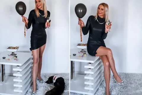 Elegancka czarna sukienka, błyszczące dodatki i buty w wężowy wzór – idealny zestaw, jak się ubrać na imprezę.
