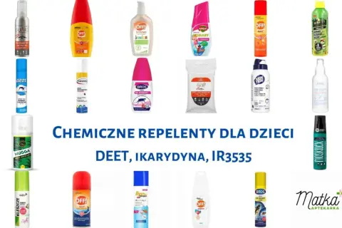 Kolekcja różnych środków odstraszających owady, w tym repelenty dla dzieci z DEET, ikarydyną i IR3535.
