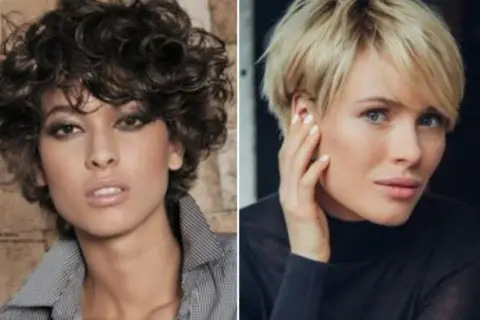 Dos mujeres con melena corta. Una con pelo rizado oscuro y la otra con pelo rubio liso. Estilos modernos para mujeres de 50 años.