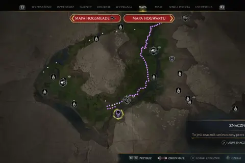 Mapa Hogwartu w Hogwarts Legacy. Fioletowa ścieżka prowadzi do studni. Spotkamy się kiedyś u studni.