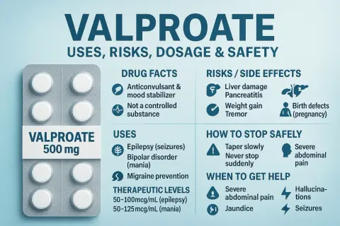 Opakowanie leku Valproate 500 mg, z informacjami o zastosowaniu, ryzyku, dawkowaniu i bezpieczeństwie.