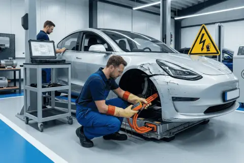 Mechanicy badają uszkodzone auto elektryczne. Czy to zapowiedź, dlaczego mechanicy odmawiają naprawy aut elektrycznych w 2026 roku?