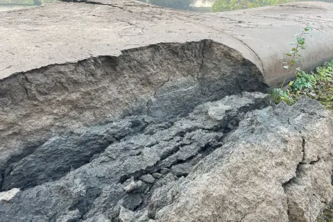 Le fond de l'étang révèle une terre craquelée et érodée, témoignant d'un assèchement spectaculaire.