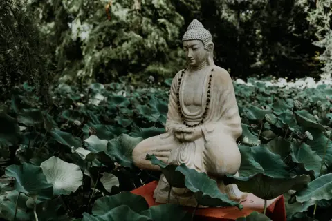 Kamienna figura Buddy w pozycji medytacyjnej, otoczona liśćmi lotosu.
