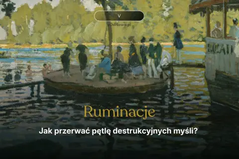 Ludzie na łodzi i w wodzie, letni dzień. Tekst: "Ruminacje. Jak przerwać pętlę destrukcyjnych myśli?".