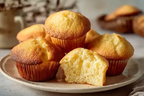 En tallrik med gyllene muffins, ett perfekt muffins recept. En är uppskuren och visar en fluffig insida.