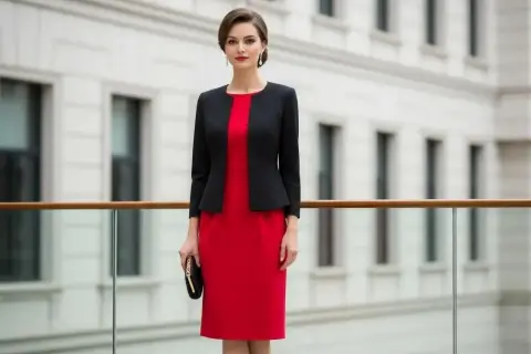 Elegancka kobieta w czerwonej sukience i czarnym żakiecie. Idealny zestaw, jaki garnitur do czerwonej sukienki? Ten czarny żakiet to strzał w dziesiątkę.