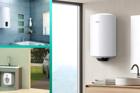 Scaldabagno per 4 persone: quanti litri servono? Immagini di scaldabagni moderni in bagno e sottolavabo.