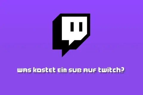 Das Twitch-Logo mit der Frage "Was kostet ein Sub auf Twitch?" auf lila Hintergrund.