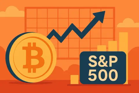 Bitcoin i S&P 500 na wykresie, symbolizujące hossę i bessę. Wzrosty i spadki na rynkach finansowych.
