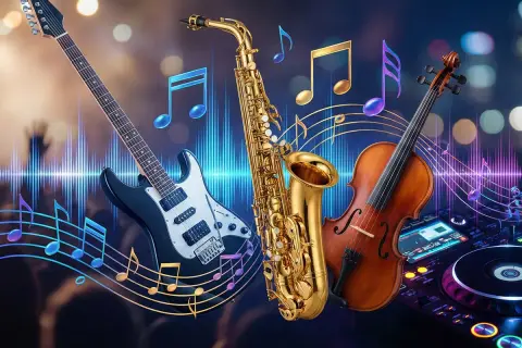Gitara, saksofon i skrzypce symbolizują różne rodzaje muzyki, od rocka po klasykę. Nuty unoszą się w powietrzu, tworząc magiczną atmosferę.