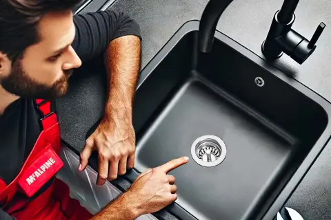 Instalator pokazuje syfon do zlewu dwukomorowego. Nowoczesny czarny zlew i bateria.