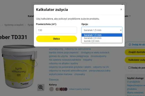 Kalkulator zużycia tynku mozaikowego weber TD331. Wpisz powierzchnię (m²) i wybierz opcję "baranek 1,5 mm", aby poznać wydajność 25 kg.