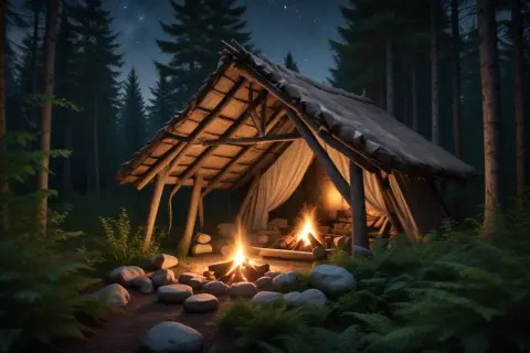 Mysig natt i skogen. Varmt sken från elden i vindskyddet, perfekt för att sova i vindskydd.