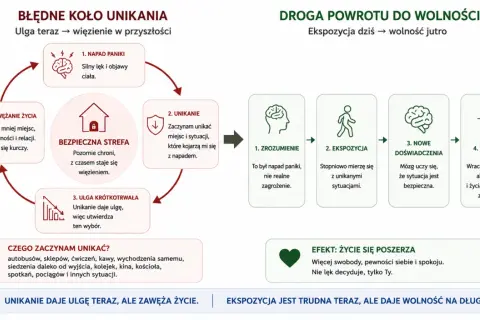 Ilustracja przedstawia dwa schematy: błędne koło unikania i drogę powrotu do wolności.