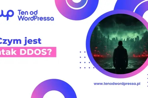 Grafika pyta: "Czym jest atak DDoS?". W tle mroczne miasto i postać w kapturze.