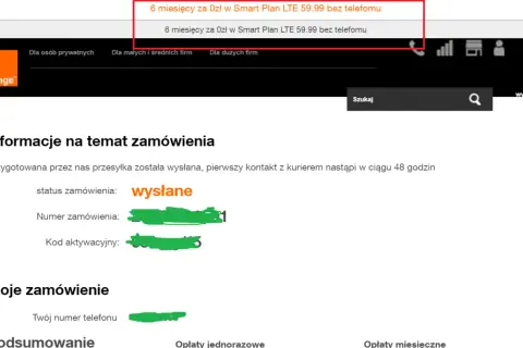Status zamówienia: wysłane. Twoje zamówienie na 6 miesięcy za 0 zł w Smart Plan LTE 59.99 bez telefonu jest w drodze.