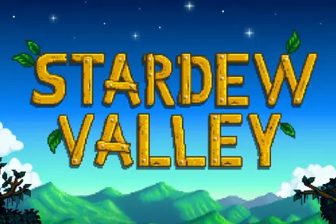 Stardew Valley spolszczenie: złoty napis gry na tle błękitnego nieba z chmurami i zielonymi wzgórzami.