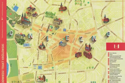 Mapa atrakcji Gniezna i okolic: Trakt Królewski z zaznaczonymi zabytkami, kościołami i muzeami.