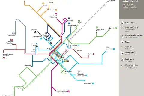 Mapa komunikacji miejskiej Bergamo: linie autobusowe, tramwajowe i kolejki.