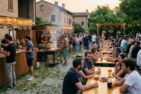 Festa della birra con grigliata e musica dal vivo. Gente seduta ai tavoli, birre e spiedini.