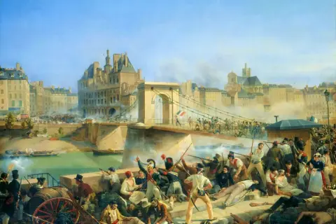 Scène de bataille animée sur un pont, avec des soldats en uniforme et des civils en lutte. Bonaparte au pont d'Arcole, au milieu du chaos et de la fumée.