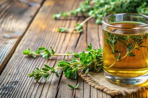 Ein Glas goldener Tee mit Thymianzweigen, ein Beweis für die vielseitige Thymian Verwendung. Frische Kräuter liegen daneben auf rustikalem Holz.