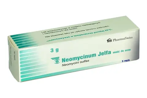 Opakowanie maści do oczu Neomycinum Jelfa 3g, zawierającej neomycyny siarczan. Przechowywać w miejscu niedostępnym dla dzieci.