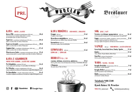Menu z napojami i daniami w stylu PRL, z logo "PRL" i grafiką widelca i noża.