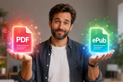 Un homme présente un PDF rouge et un ePub vert, symbolisant la version numérique définition.