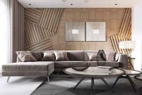 Moderne Wohnzimmer streichen Ideen: Gemütliche Sofagruppe vor einer Wand aus Holzlamellen mit zwei quadratischen Bildern.