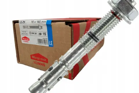 Kotwa rozporowa LE-ZN 16x165mm na tle kartonu z oznaczeniami.