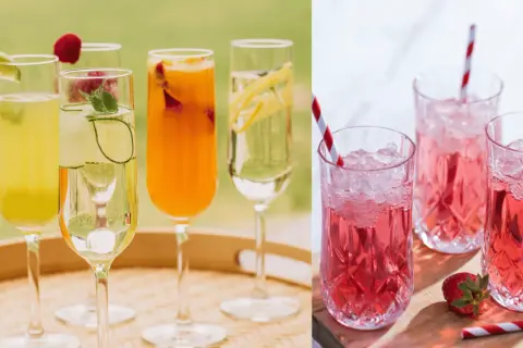 Flera glas med bubbliga drinkar, en juldrink med prosecco, garnerade med frukt och gurka. Till höger, rosa drinkar med krossad is och jordgubbar.