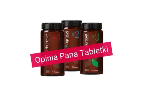 Trzy opakowania suplementu diety thyroset z numerami 1, 2 i 3. Na pierwszym planie różowa wstęga z napisem "Opinia Pana Tabletki".