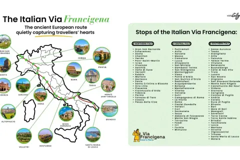 Mappa della Via Francigena con tappe italiane: da Gran San Bernardo a Santa Maria di Leuca, un viaggio attraverso borghi e città storiche.