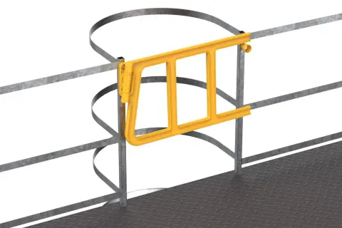 Żółta, metalowa bramka samozamykająca zamontowana na balustradzie przy wejściu na platformę roboczą.