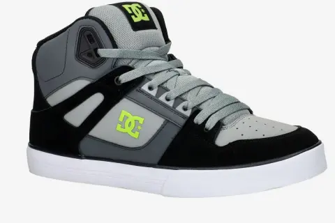 Buty skate DC pure w kolorze szaro-czarnym z neonowo-zielonym logo. Idealne na deskorolkę.