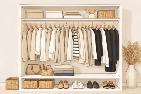 Ordentliche Garderobe mit Kleidern in neutralen Tönen, perfekt für ein Capsule Wardrobe auf Deutsch. Darunter Körbe, Taschen und Schuhe.