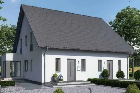 Modernes Doppelhaus mit grauen Ziegeln und weißer Fassade. Informieren Sie sich über die doppelhaus kosten für dieses attraktive Zuhause.