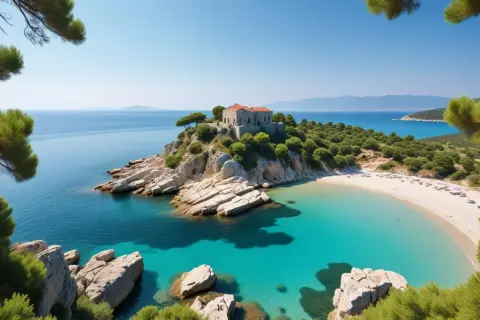 En pittoresk vik med turkost vatten och en sandstrand på Halkidiki, Grekland. En gammal byggnad tronar på en klippa vid havet.