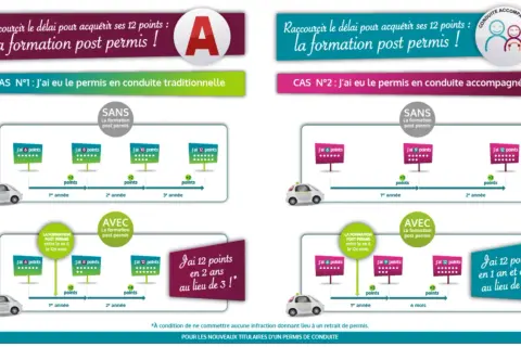 Schéma comparant les gains de points pour les jeunes conducteurs, avec ou sans stage perfectionnement conduite jeune conducteur.