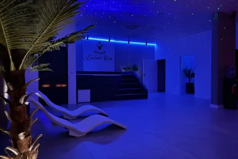 Wnętrze SPA z leżakami, palmą i niebieskim oświetleniem sufitowym.