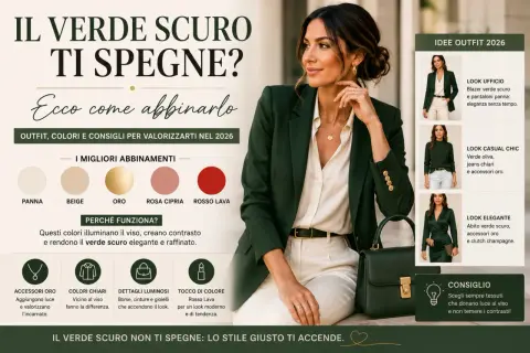 Donna con blazer verde scuro, camicia panna e pantaloni chiari. Scopri come abbinare il verde bottiglia per un look elegante e di tendenza.